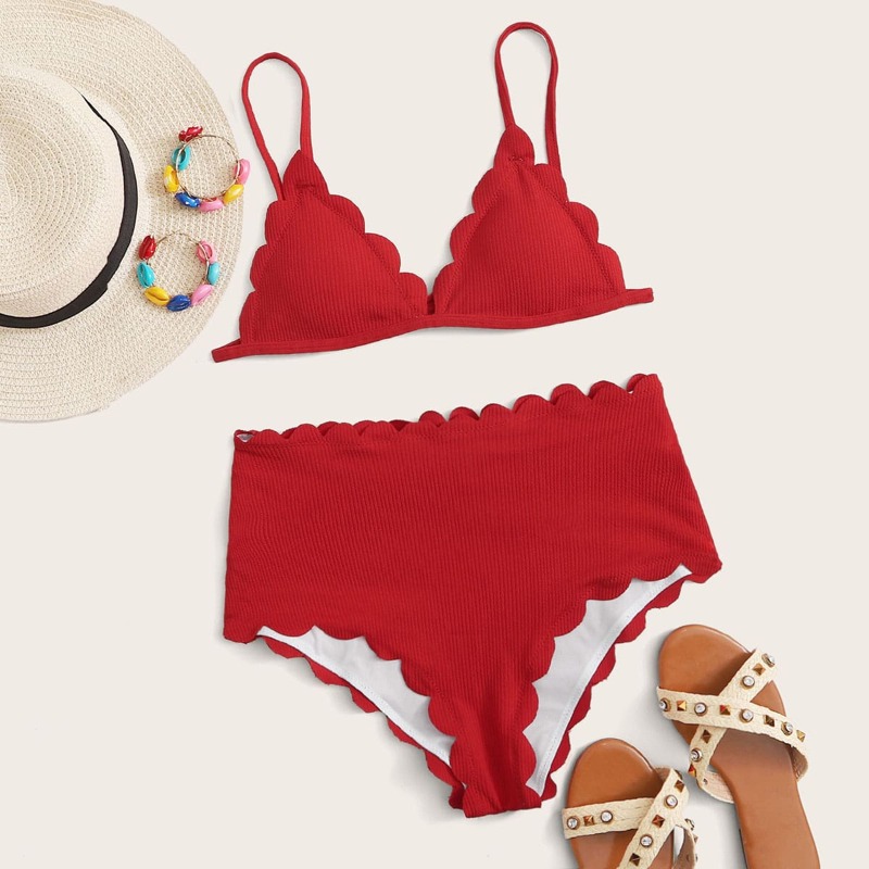 

Rib Scallop Trim Triangle Bikini Swimsuit, Red
