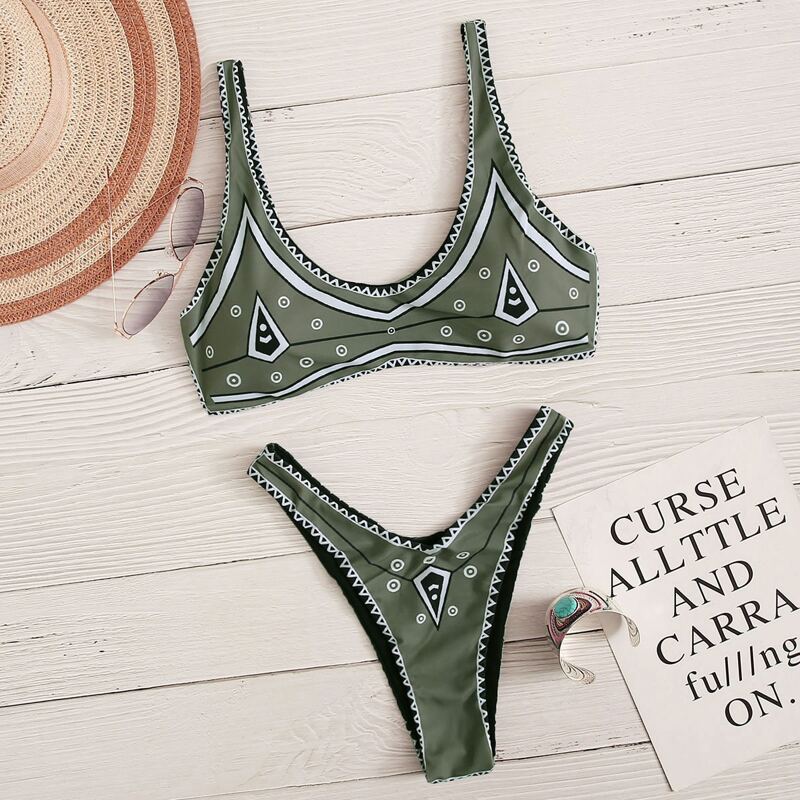 

Geo Print High Cut Bikini Swimsuit, Army green