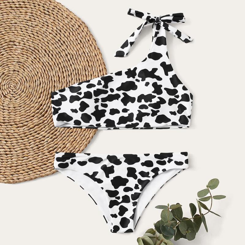 

Cow One Shoulder Low Rise Bikini Swimsuit, Black and white