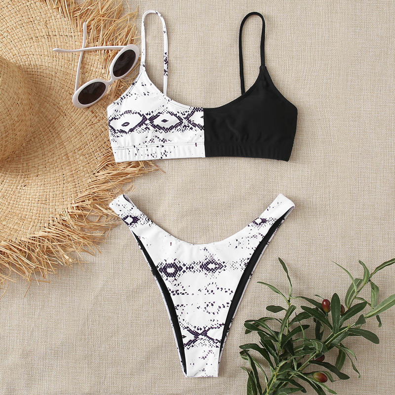 

Snakeskin High Leg Bikini Swimsuit, Black and white