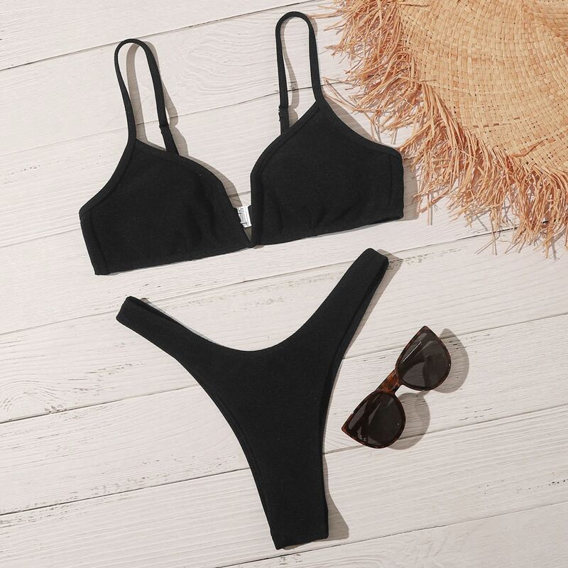 

V Wired High Leg Bikini Swimsuit, Black
