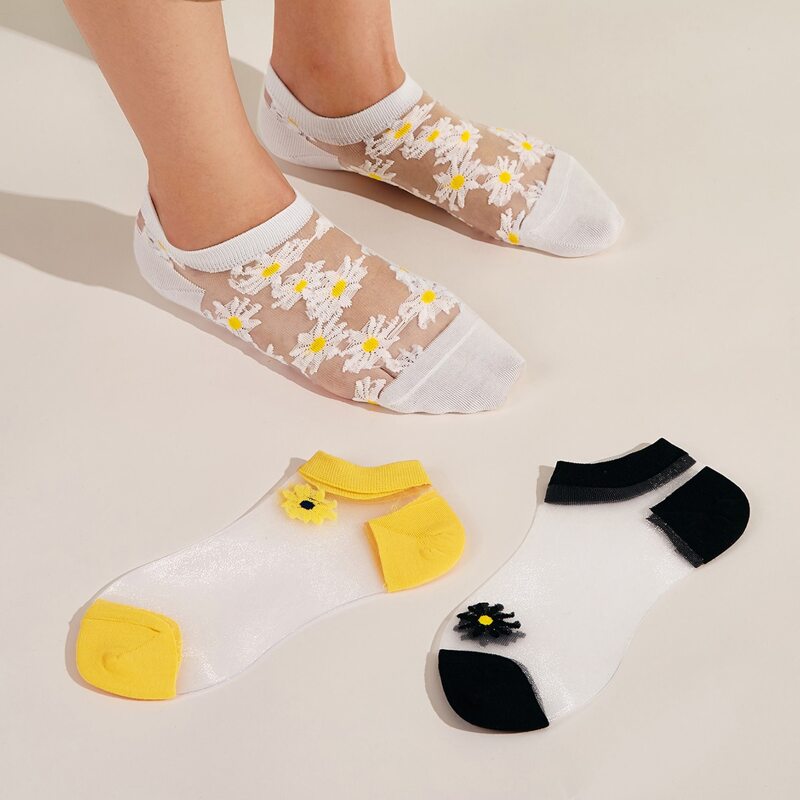 

3pairs Floral Pattern Mesh Socks, Multicolor