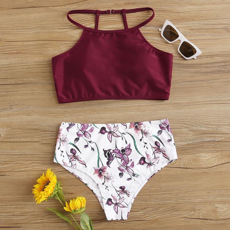 

Floral Halter High Waist Bikini Swimsuit, Multicolor