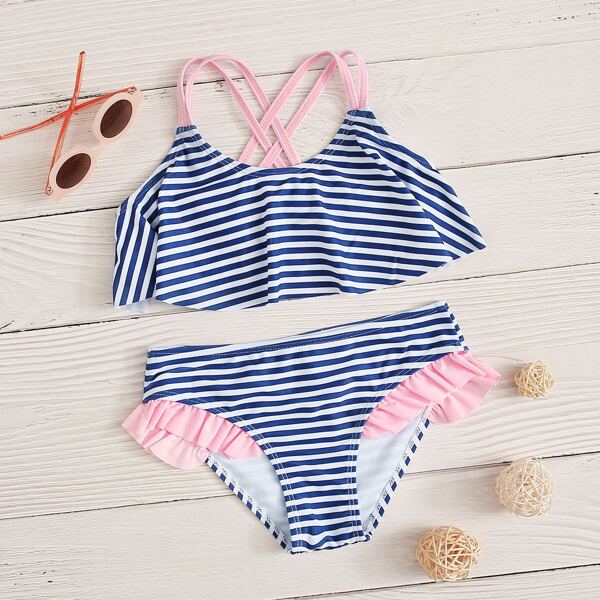 

Girls Striped Ruffle Crisscross Bikini Swimsuit, Multicolor