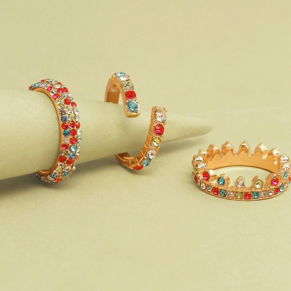 

Set Of Three Multi Colored Rhinestone Rings, Multicolor