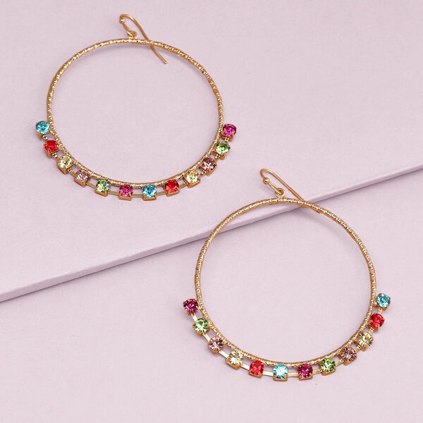 

1pair Large Hoop With Multicolored Stone Accents, Multicolor