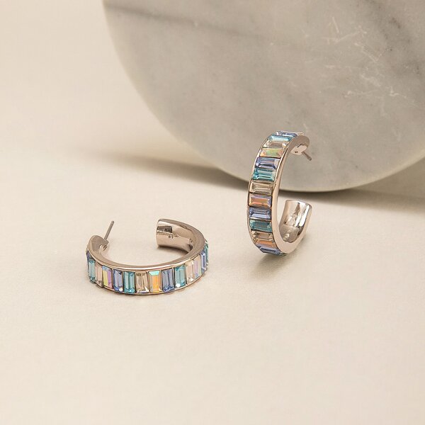 

1pair Baguette Rhinestone Hoop Earrings, Multicolor
