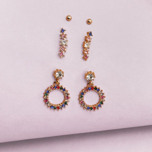 

3pairs Multicolored Mini Rhinestone Earrings, Multicolor