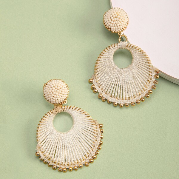 

1pair Woven Burst Hoop Earrings With Beads, White
