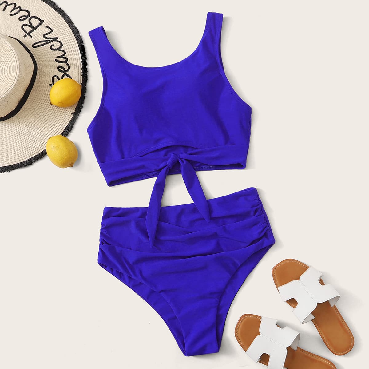 

Knot Front High Waisted Bikini Swimsuit, Blue