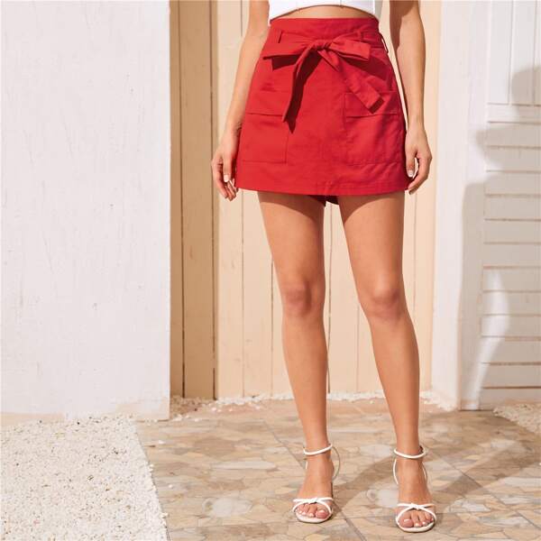 

Self Tie Dual Pocket Skort, Red
