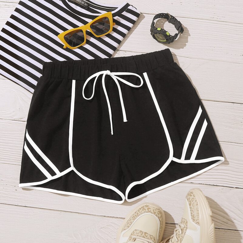 

Tie Waist Contrast Binding Track Shorts, Black