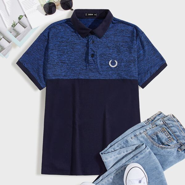 

Men Embroidery Detail Colorblock Polo Shirt, Navy blue
