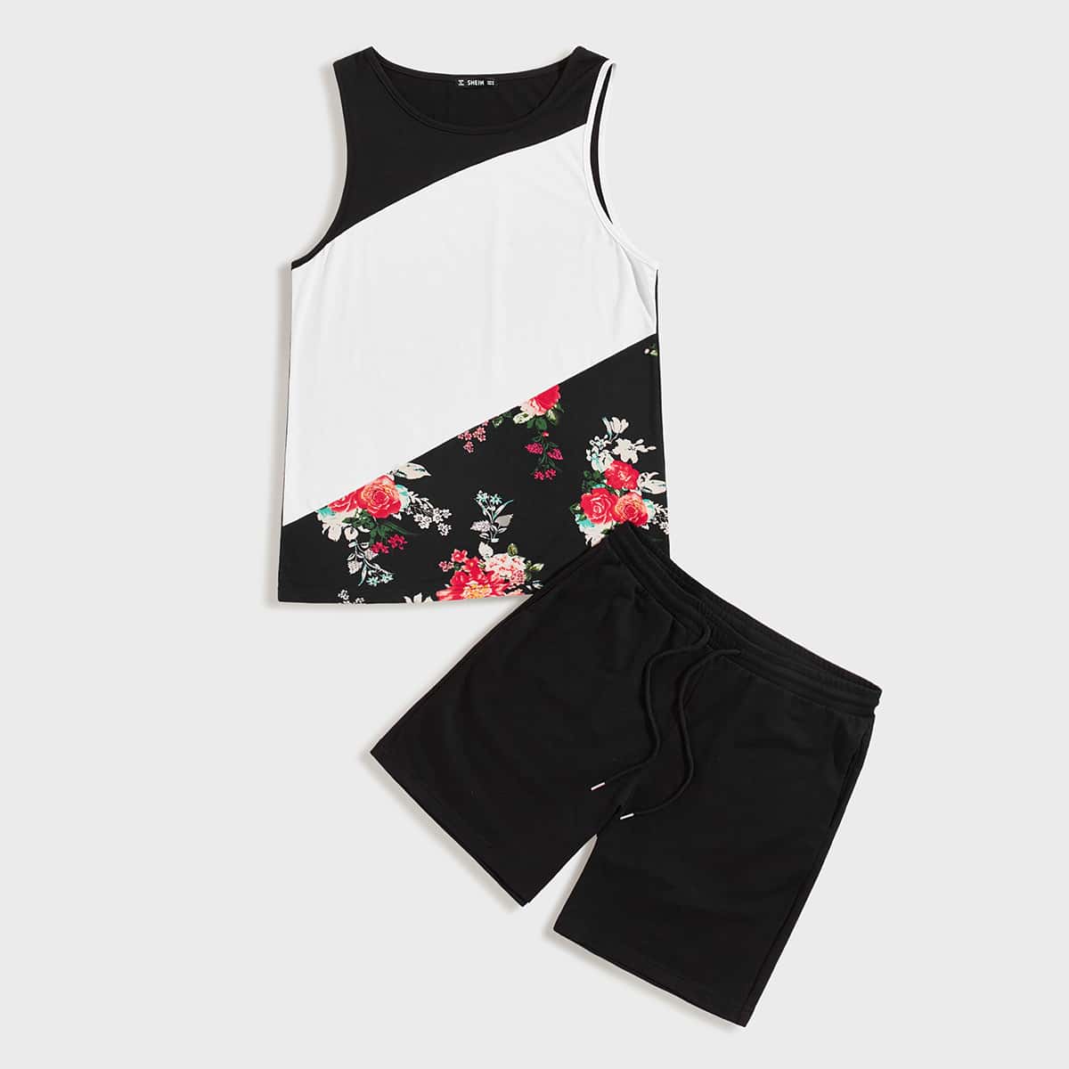 

Guys Colorblock Floral Panel Tank Top & Shorts Set, Black and white
