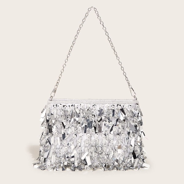 

Сумка-клатч на цепочке металлического цвета, Серебряные