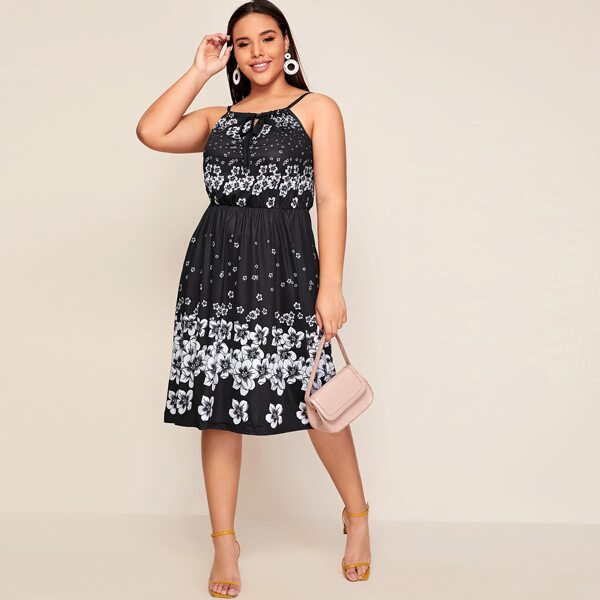 

Plus Floral Print Knot Front Cami Dress, Black