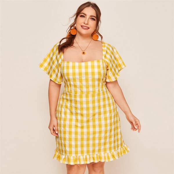 

Plus Square Neck Ruffle Hem Gingham Dress, Yellow