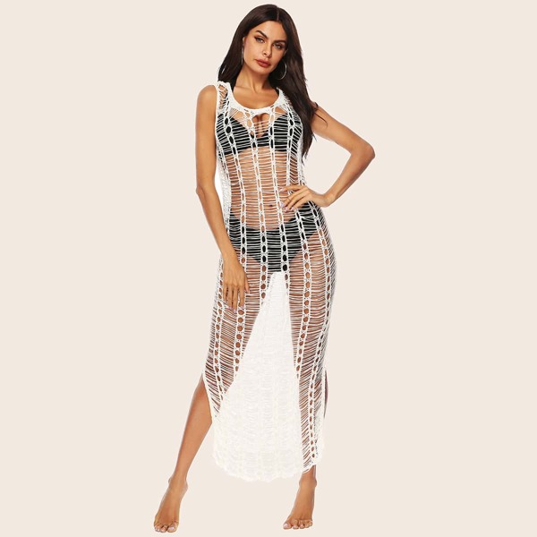 

Open Stitch Split Cover Up, White