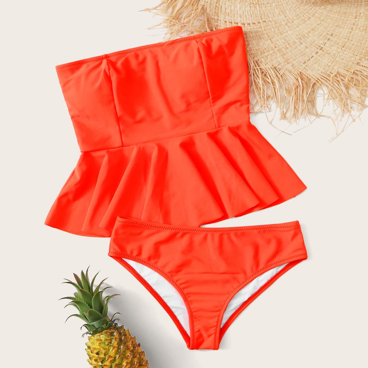 

Ruffle Hem Bandeau Bikini Swimsuit, Orange bright