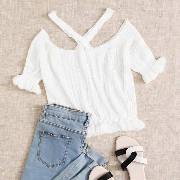 

Frill Trim Criss Cross Knit Top, White