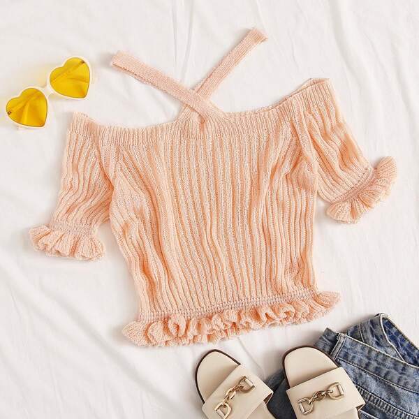 

Frill Trim Criss Cross Knit Top, Pink pastel