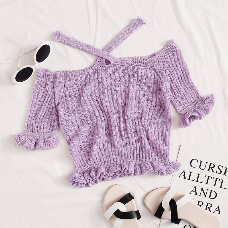 

Frill Trim Criss Cross Knit Top, Purple pastel