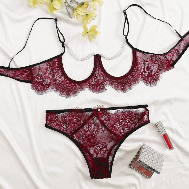 

Floral Lace Underwire Cut-out Lingerie Set, Burgundy