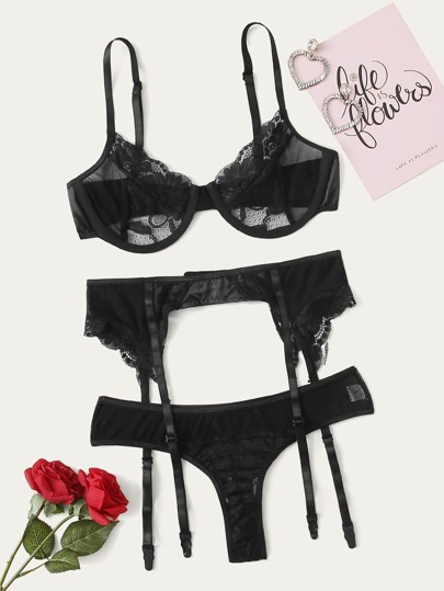 Floral Lace Underwire Garter Lingerie Set