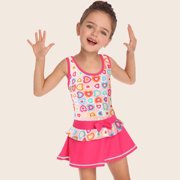 

Girls Heart Bow Decor One Piece Swimwear, Multicolor