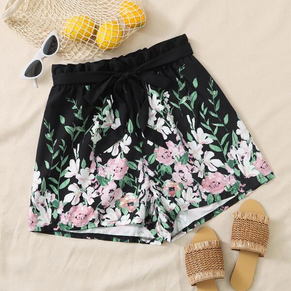 

Plus Floral Print Paperbag Belted Shorts, Black