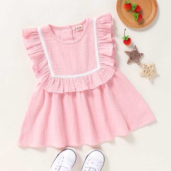 

Baby Girl Contrast Tape Ruffle A-line Dress, Pink pastel