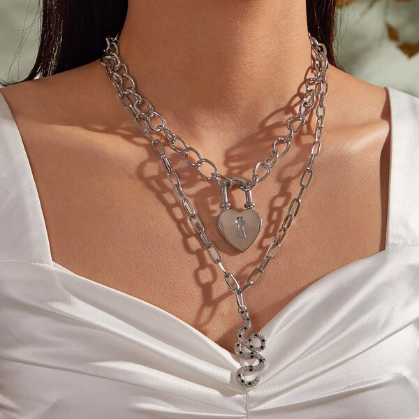 

2pcs Lock & Snake Charm Chain Necklace, Silver