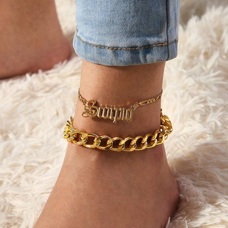 

2pcs Letter & Chain Decor Anklet, Gold
