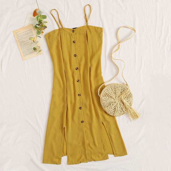 

Split Thigh Button Through Cami Dress, Yellow