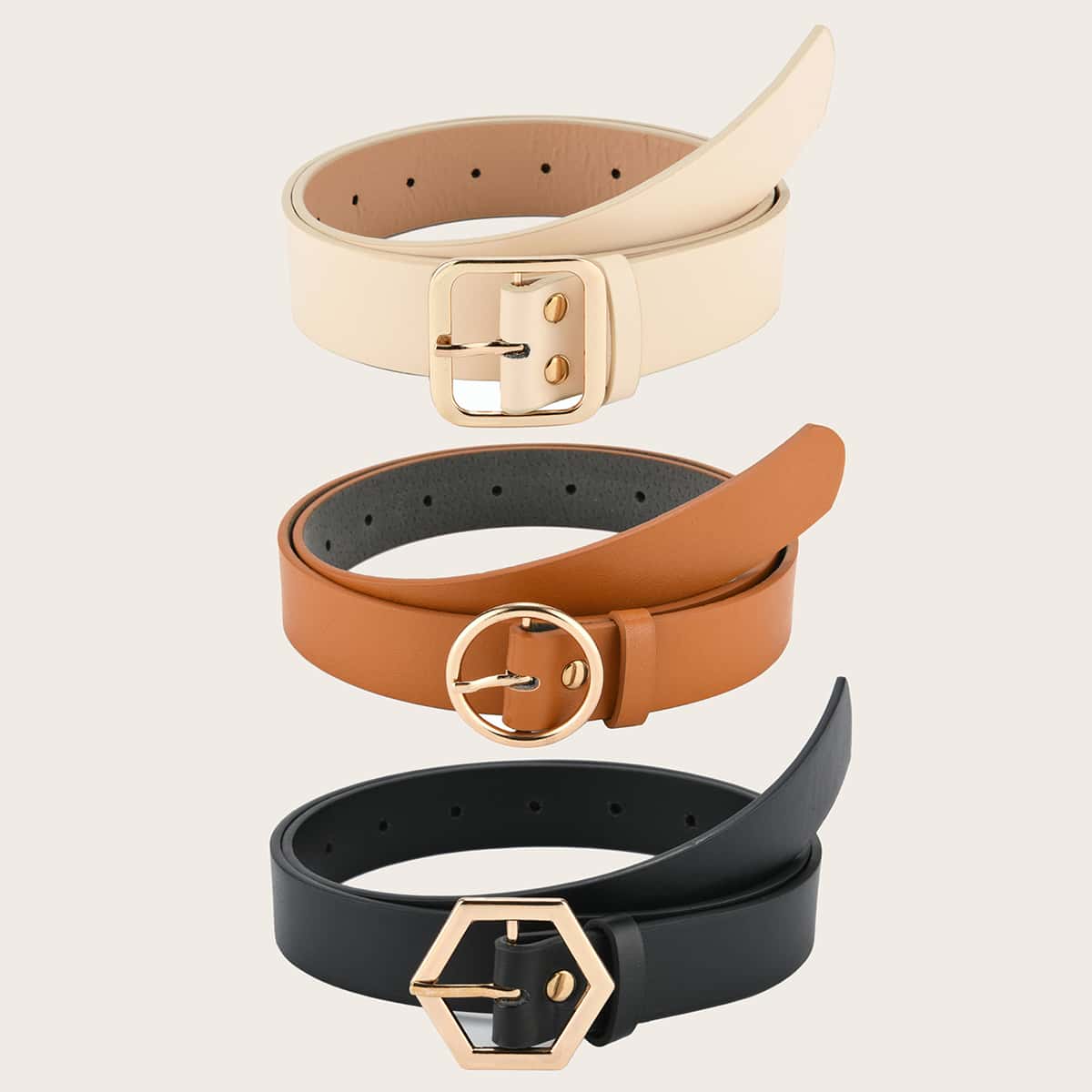 

3 pieces Geometric Buckle Decor Solid Belt, Multicolor