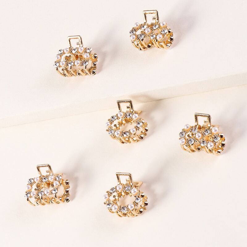 

3 pairs Pearl Decor Rhinestone Engraved Hair Claw, Gold