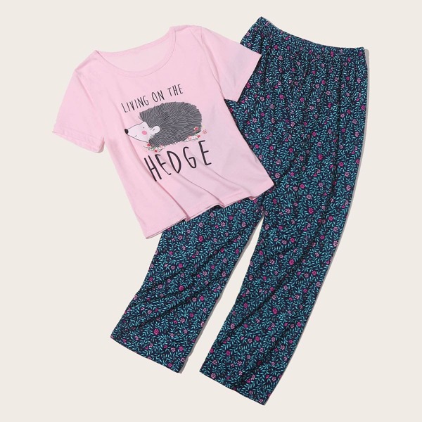 

Girls Slogan & Cartoon Hedgehog Print PJ Set, Multicolor