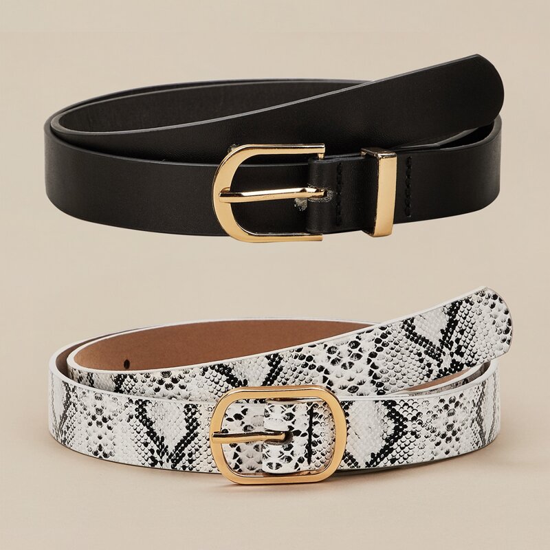 

2 pieces Snakeskin Print PU Buckle Belt, Multicolor