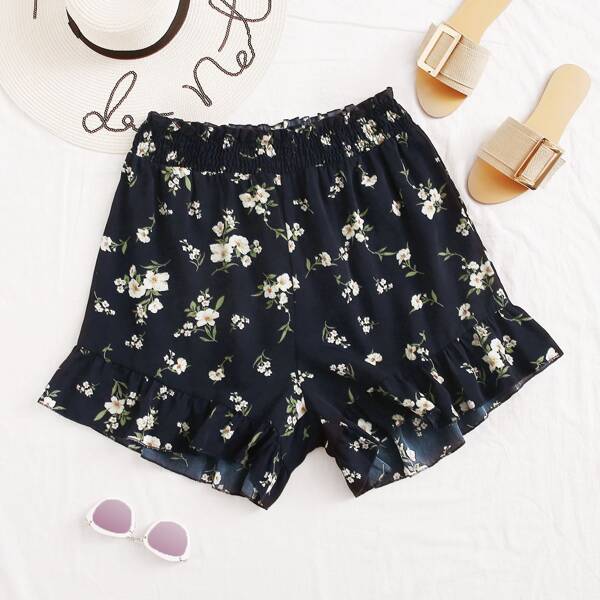 

Plus Allover Floral Shirred Ruffle Hem Shorts, Navy