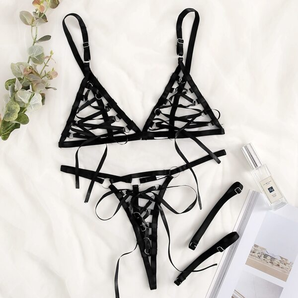 

Criss Cross Sheer Lingerie Set & 1pair Leg Ring, Black