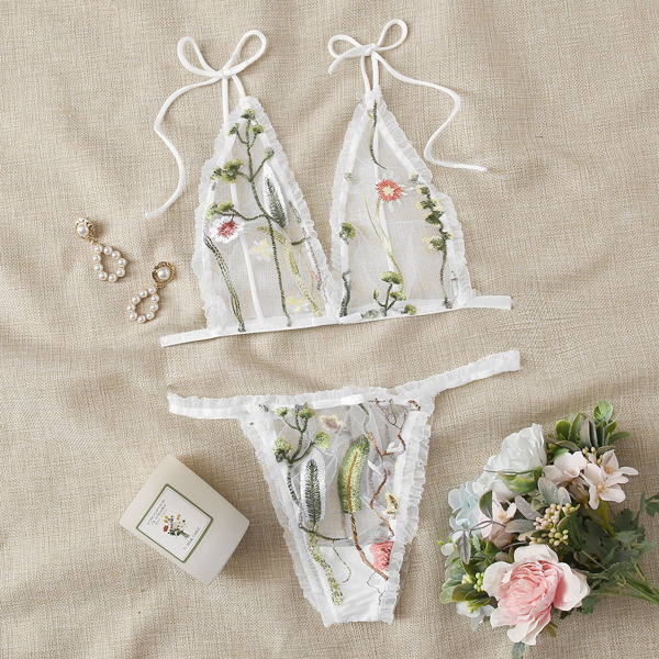 

Floral Embroidered Mesh Lingerie Set, Multicolor