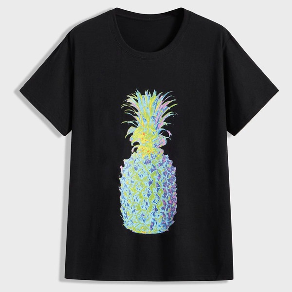 

Men Pineapple Print Crew Neck Tee, Black