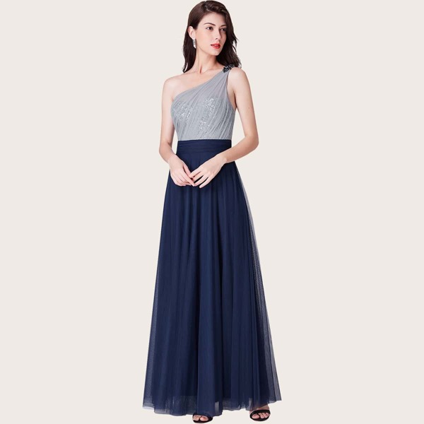 

One Shoulder Sequin Inside Mesh Prom Dress, Navy blue