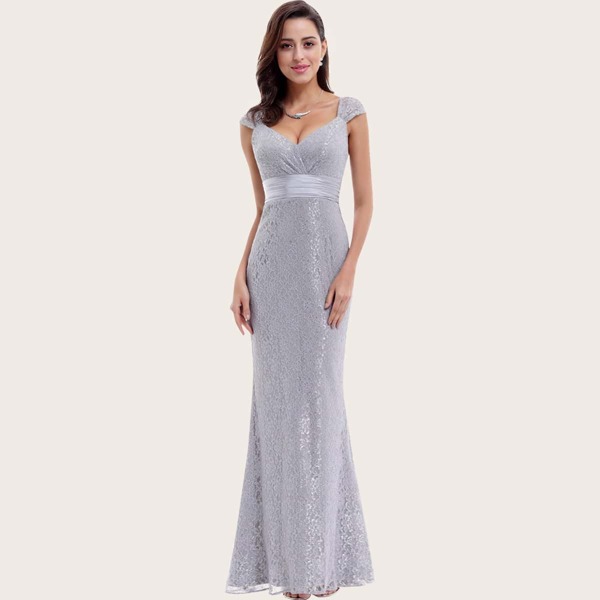 

Ribbon Waist Sweetheart Neck Mermaid Lace Prom Dress, Grey