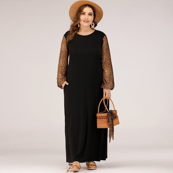 

Plus Spliced Leopard Sleeve Maxi Dress, Black