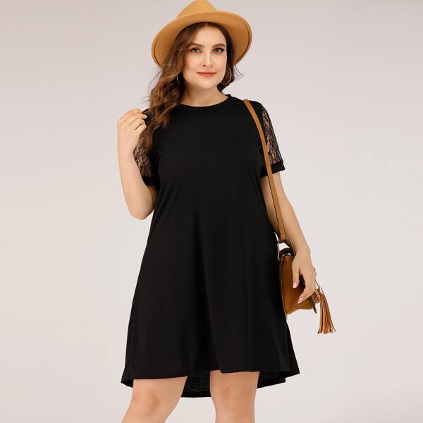 

Plus Contrast Lace High-Low Dress, Black