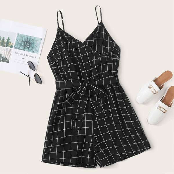 

Plus Grid Plaid Self Tie Cami Romper, Black