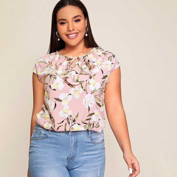 

Plus Floral Tie Front Ruffle Blouse, Multicolor