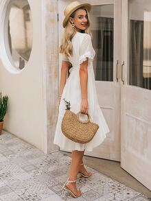 Simplee vestido con nudo cruzado bajo fruncido de manga con volante - Blanco - Ver 2