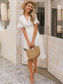 Simplee vestido con nudo cruzado bajo fruncido de manga con volante - Blanco - Ver 4